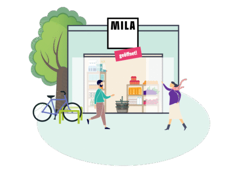 MILA Lebensmittelmarkt als Zeichentrick Darstellung